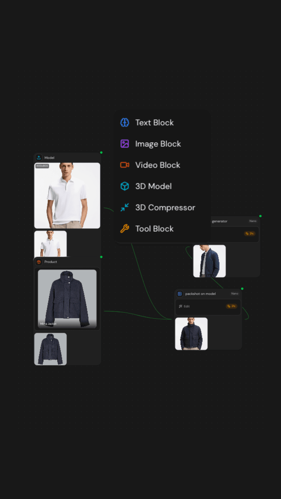 Node-based workflow canvas linking multiple AI actions