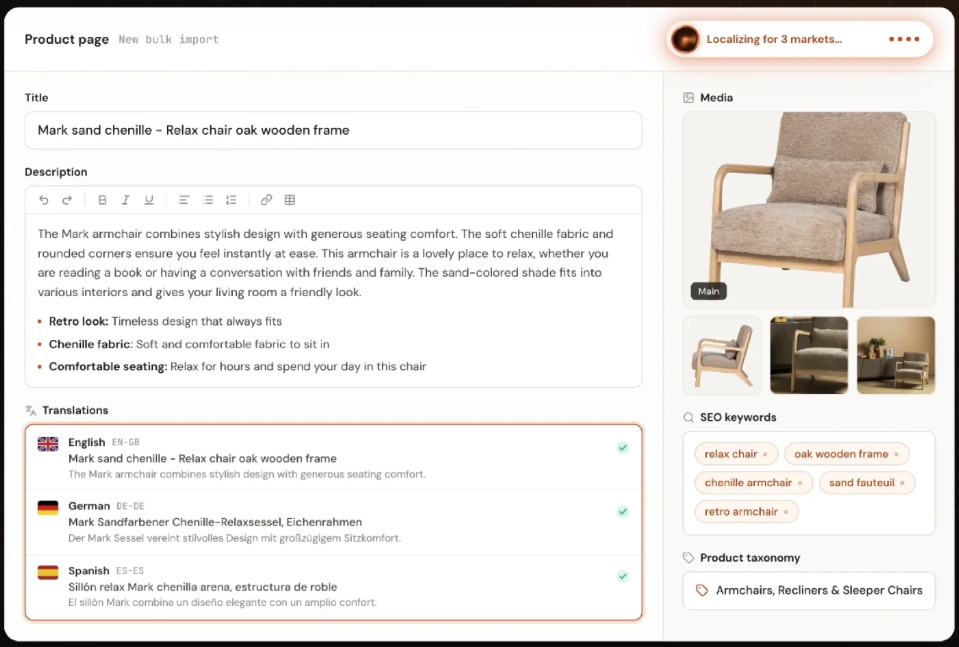 A product page with its title, description, SEO keywords, taxonomy and translations filled in