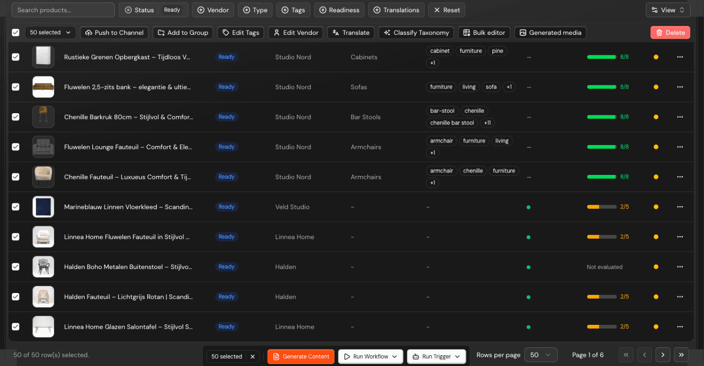 Fifty products selected in Automated Commerce with bulk translate, classify taxonomy and generate content actions