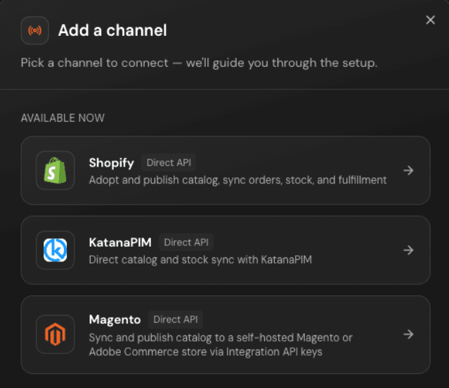 The Add a channel panel in Automated Commerce, with Shopify listed first as a direct API connection